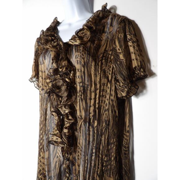 Jaipur Sheer Blouse Sz XL Ruffle Button Up Brown Black Career Casual Y2K 90s - Picture 10 of 12